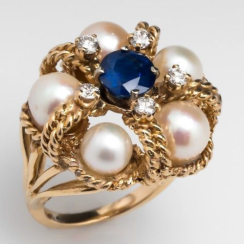 Vintage ring med blå zirkonia og perle