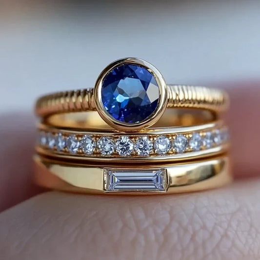 Vintage guld blå zirkonia ring sæt